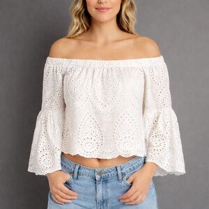 Blushing Heart Womens Large White Eyelet Off Shoulder Top Cottagecore Blouse